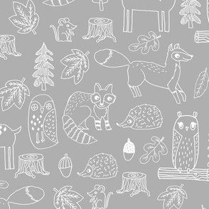 woodland animals // woodland autumn critters animals hand-drawn andrea lauren fabric - grey