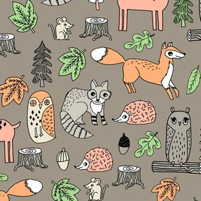 woodland animals // woodland autumn critters animals hand-drawn andrea lauren fabric - brown