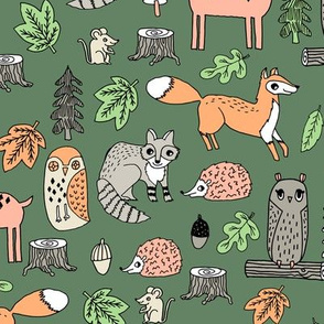 woodland animals // woodland autumn critters animals hand-drawn andrea lauren fabric - green