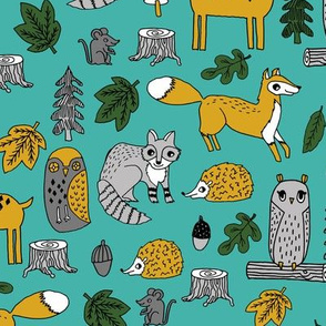 woodland animals // woodland autumn critters animals hand-drawn andrea lauren fabric - turquoise and yellow