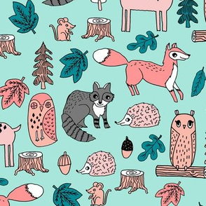 woodland animals // woodland autumn critters animals hand-drawn andrea lauren fabric - pink and teal