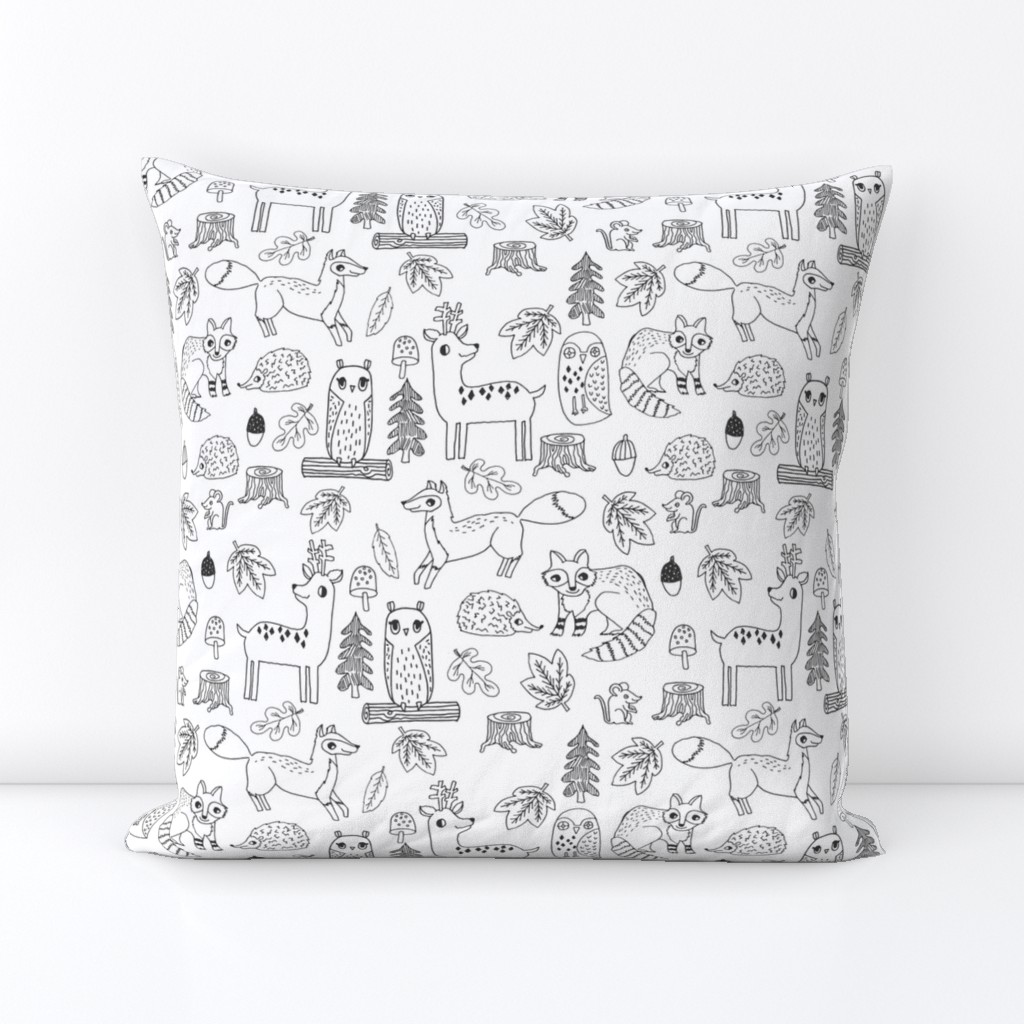 woodland animals // woodland autumn critters animals hand-drawn andrea lauren fabric - black and white