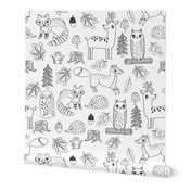 woodland animals // woodland autumn critters animals hand-drawn andrea lauren fabric - black and white