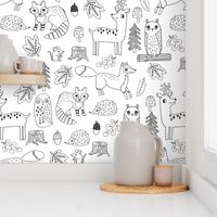 woodland animals // woodland autumn critters animals hand-drawn andrea lauren fabric - black and white