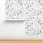 woodland animals // woodland autumn critters animals hand-drawn andrea lauren fabric - black and white