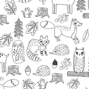 woodland animals // woodland autumn critters animals hand-drawn andrea lauren fabric - black and white