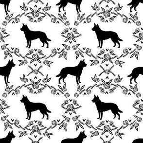 Australian Kelpie Floral Silhouette fabric black and white