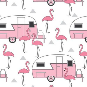 pink trailers and flamingos on white