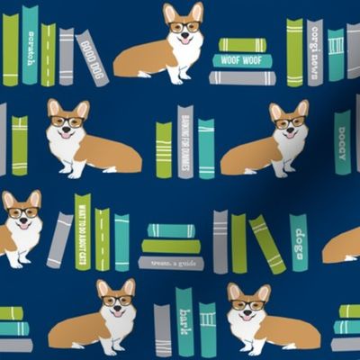 corgi in library fabric library book librarian dog fabric - blue