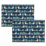 corgi in library fabric library book librarian dog fabric - blue