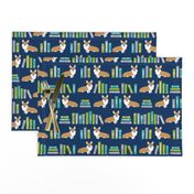 corgi in library fabric library book librarian dog fabric - blue