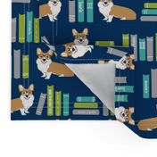 corgi in library fabric library book librarian dog fabric - blue