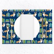 corgi in library fabric library book librarian dog fabric - blue