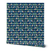 corgi in library fabric library book librarian dog fabric - blue