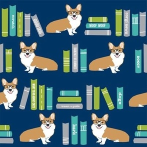 corgi in library fabric library book librarian dog fabric - blue