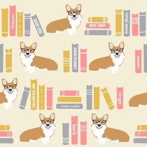 corgi in library fabric library book librarian dog fabric - yellow