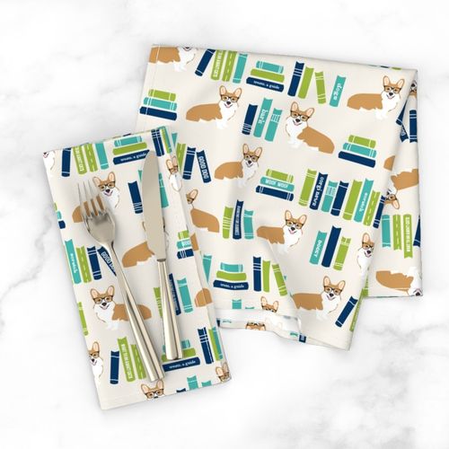 corgi in library fabric library book librarian dog fabric - light