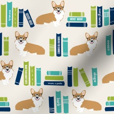 corgi in library fabric library book librarian dog fabric - light