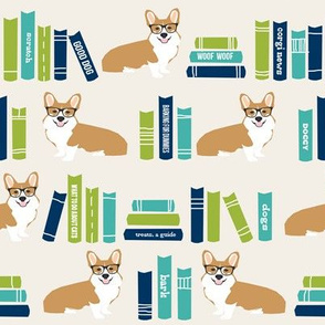 corgi in library fabric library book librarian dog fabric - light