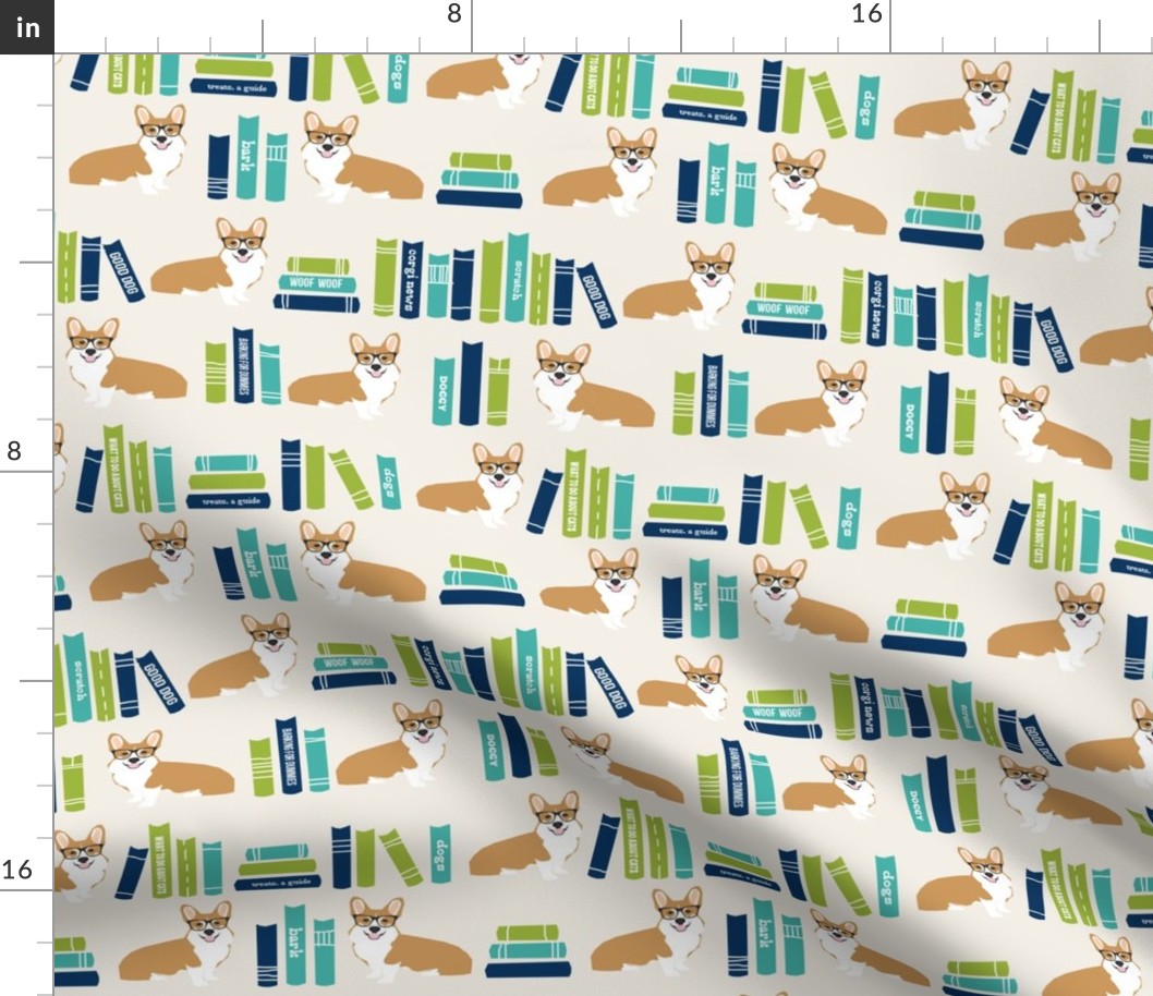 corgi in library fabric library book librarian dog fabric - light