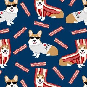 corgi loves bacon fabric dog in bacon costume dog fabric corgis  - navy