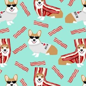 corgi loves bacon fabric dog in bacon costume dog fabric corgis  - mint