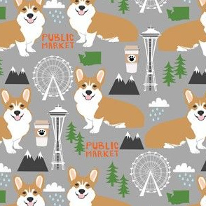 corgi in seattle fabric space needle coffee washington state design - grey