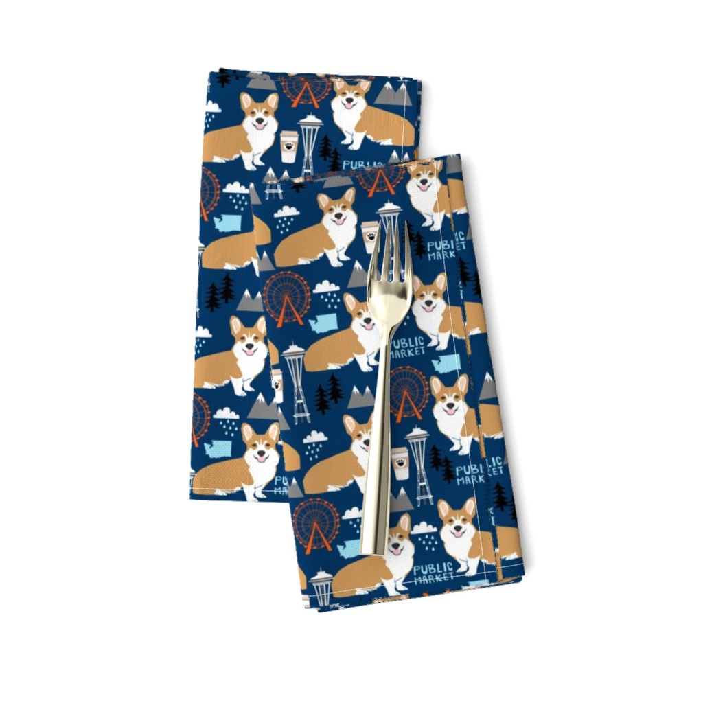 corgi in seattle fabric space needle coffee washington state design - navy