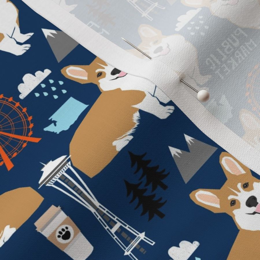 corgi in seattle fabric space needle coffee washington state design - navy