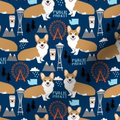 corgi in seattle fabric space needle coffee washington state design - navy