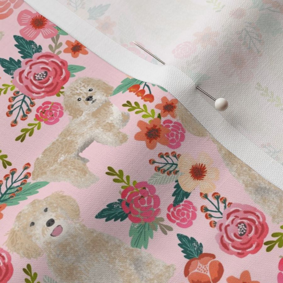 cockapoo fabric dog florals fabric cockapoo cream dog fabric - pink