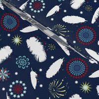 Flying feathers and fireworks on blue