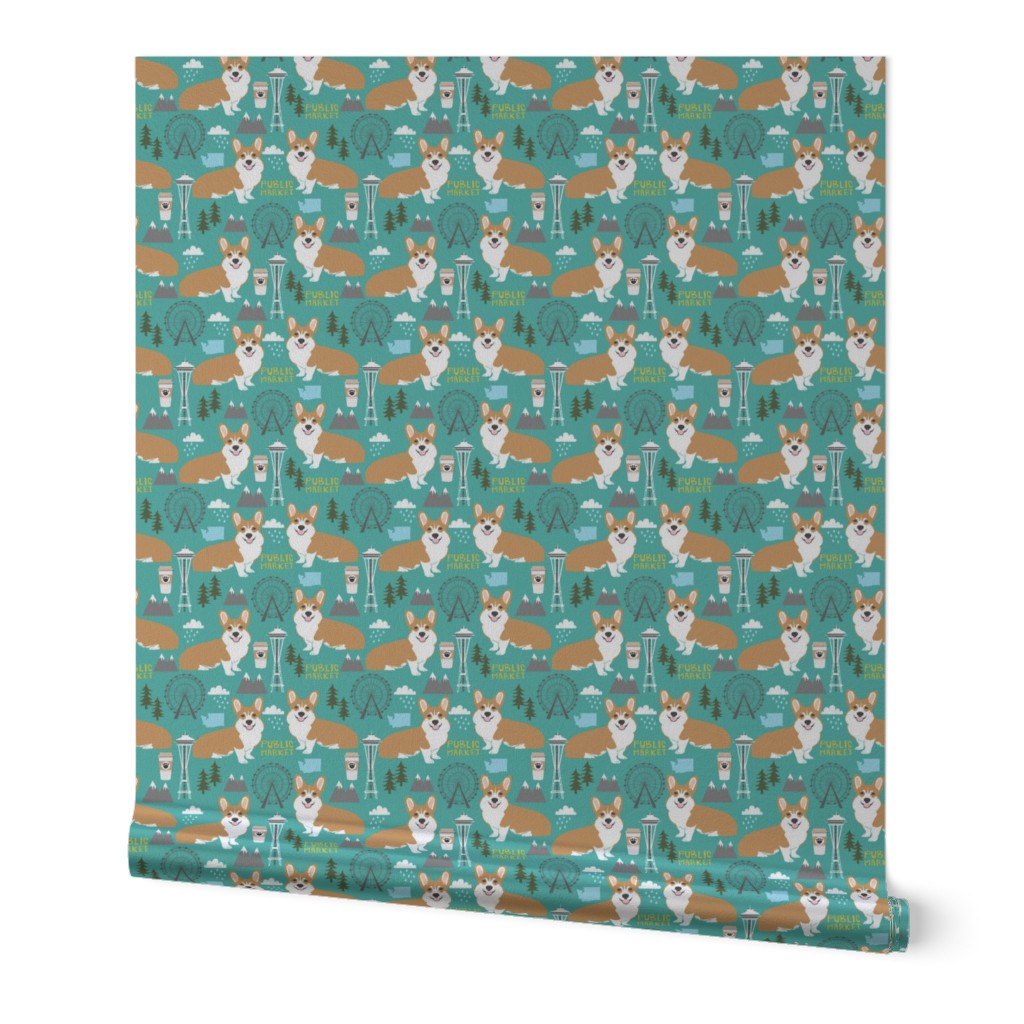 corgi in seattle fabric city design - turquoise