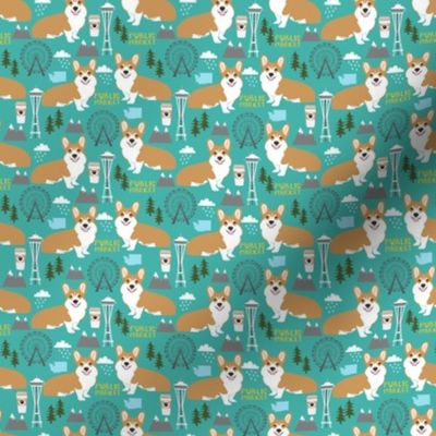 corgi in seattle fabric city design - turquoise