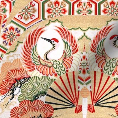 japanese oriental chinese china herons storks cranes birds leaves leaf plants floral flowers kimono fans geometrical 