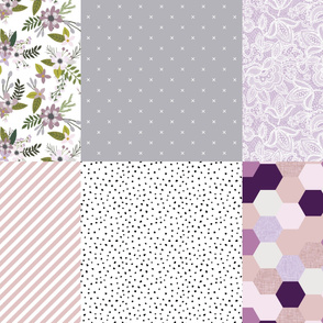 6 loveys: lavender sprigs and blooms, x 173-1, lace 89-1,  diagonal stripes 66-9, midnight snow, purple mermaid hexagons