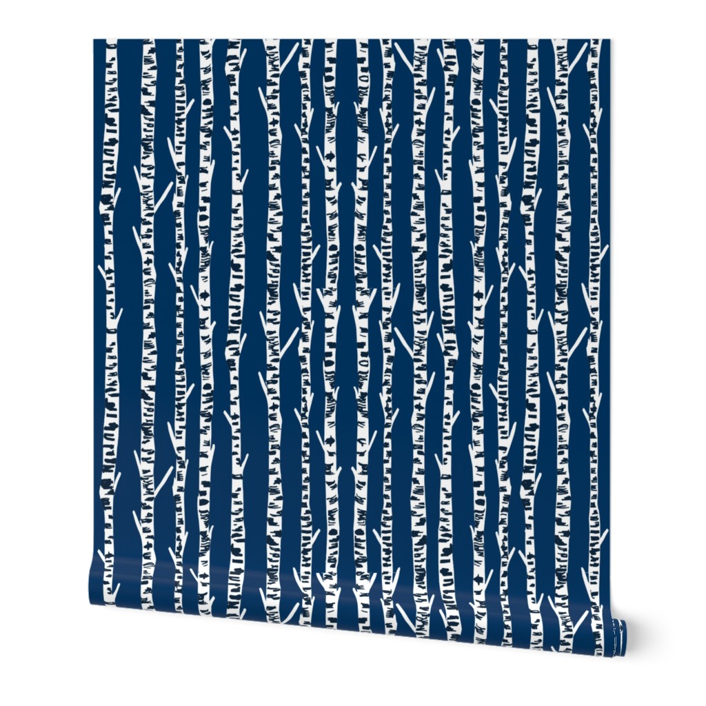 birch tree fabric // birch wallpaper hand-drawn nursery baby design  - navy