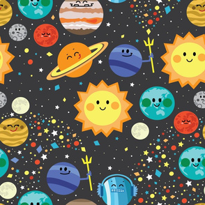 Spoonflower Fabric - Planets Space Blue Pink Stars India