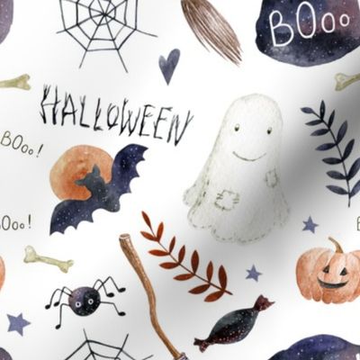 Halloween Night // White - Ghost, Pumpkin, Bat, Moon, Boo, Kids, Spider, Spooky