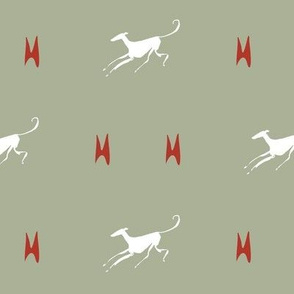 flying white greyhounds, grey, red 