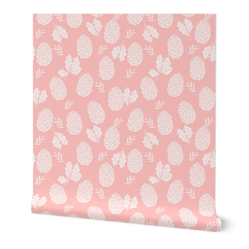 pinecone fabric // pinecone winter camping woodland linocut fabric - pink