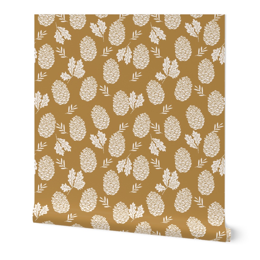 pinecone fabric // pinecone winter camping woodland linocut fabric - ochre