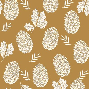 pinecone fabric // pinecone winter camping woodland linocut fabric - ochre