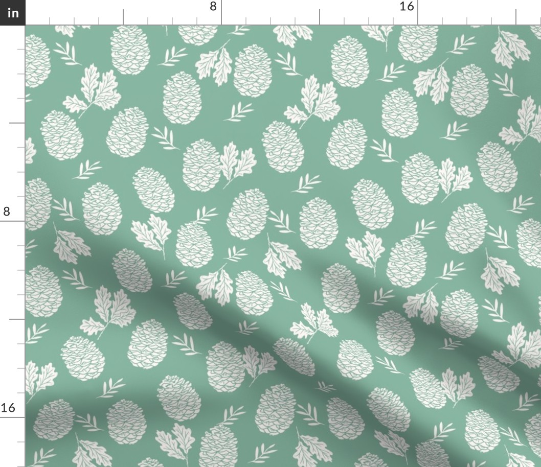 pinecone fabric // pinecone winter camping woodland linocut fabric- green