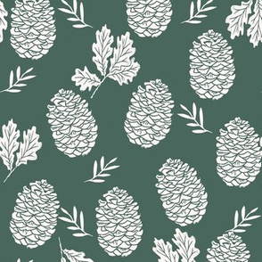 pinecone fabric // pinecone winter camping woodland linocut fabric - dark green