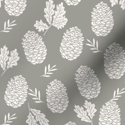 pinecone fabric // pinecone winter camping woodland linocut fabric -grey