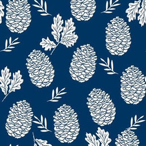 pinecone fabric // pinecone winter camping woodland linocut fabric - navy