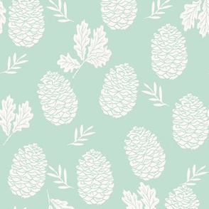 pinecone fabric // pinecone winter camping woodland linocut fabric - mint