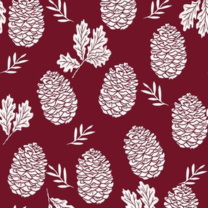 pinecone fabric // pinecone winter camping woodland linocut fabric - maroon