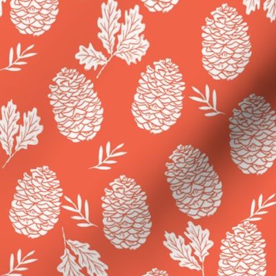 pinecone fabric // pinecone winter camping woodland linocut fabric - coral